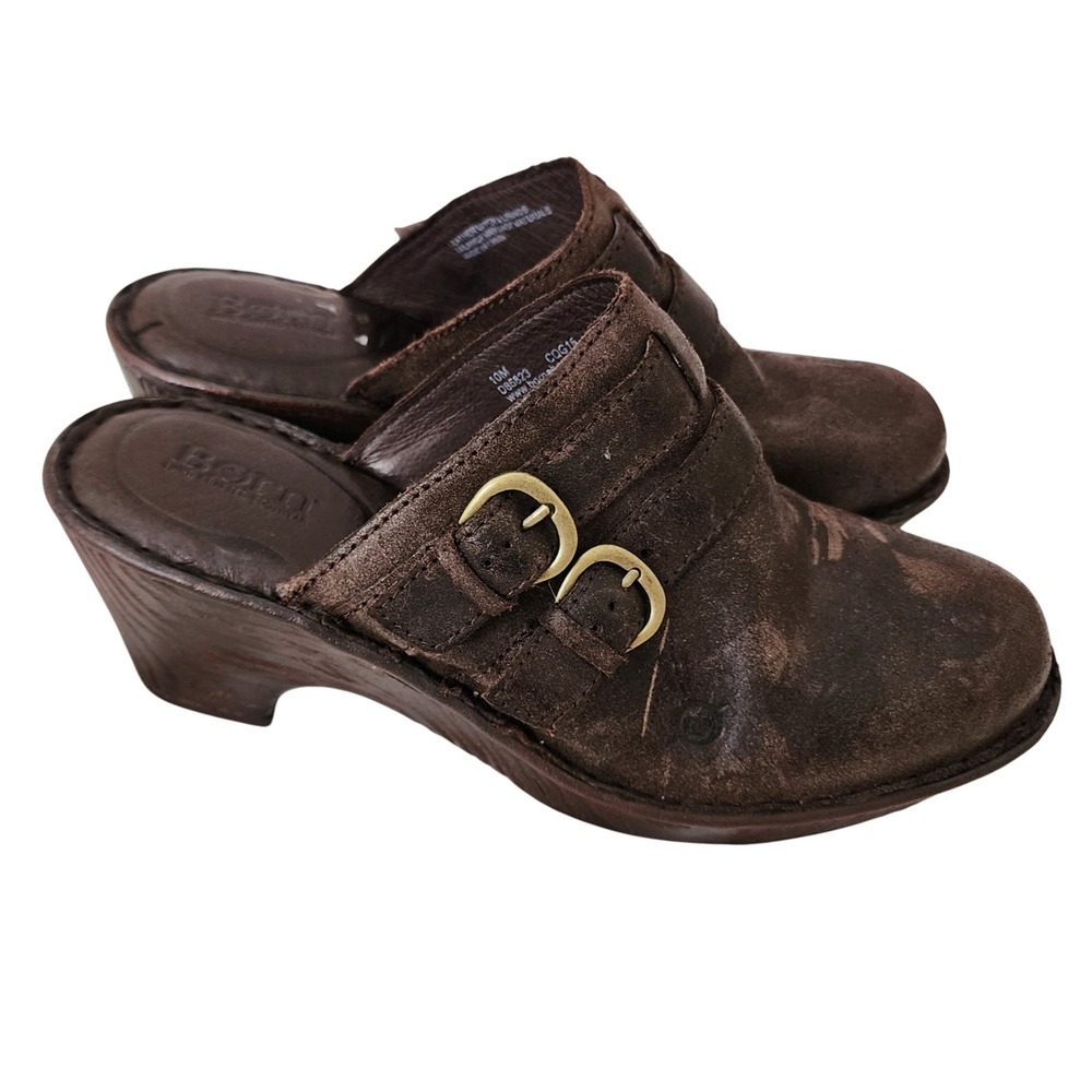 Born Womens Brown Leather Double Buckle Clog Mules Shoes D85823 Size 10M Preppy